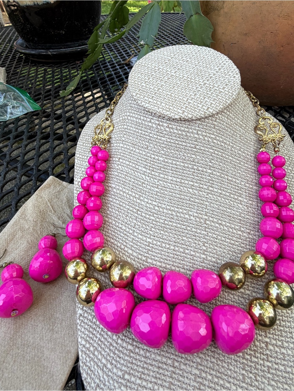 Statement Pink Beaded Necklace with Gold Accents